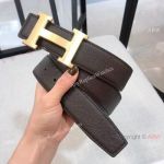 AAA Replica Hermes Double Sided Belt - Coffee Black Leather Strap with Gold H Buckle